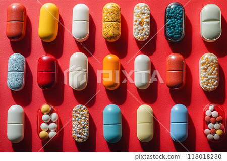 A top view of various pills spread out on a bold red background 118018280