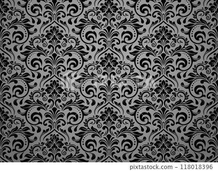 Floral pattern. Vintage wallpaper in the Baroque style. Seamless vector background. Gray and black ornament for fabric, wallpaper, packaging. Ornate Damask flower ornament Floral pattern. Vintage wallpaper in the Baroque style. Seamless vector background. Gray and black ornament for fabric, wallpaper, packaging. Ornate Damask flower ornament 118018396