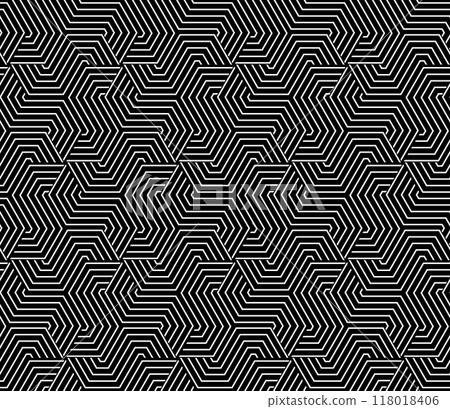 Abstract geometric pattern with stripes, lines. Seamless vector background. White and black ornament. Simple lattice graphic design. Abstract geometric pattern with stripes, lines. Seamless vector background. White and black ornament. Simple lattice graphic design. 118018406