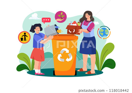 Mother and daughter collecting waste Illustration concept on white background 118018442