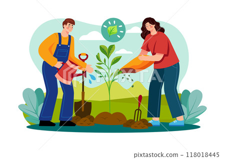 Team of volunteers planting trees in the park Illustration concept on white background Team of volunteers planting trees in the park Illustration concept on white background 118018445