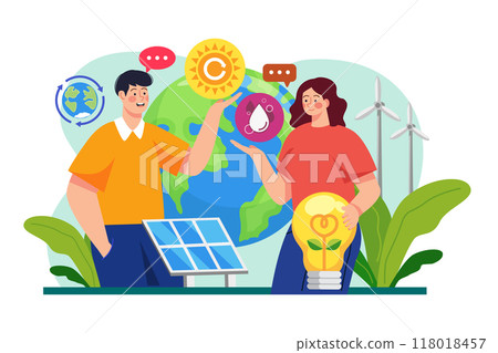 People are protecting nature by using eco energy Illustration concept on white background 118018457