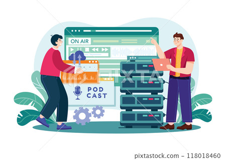 Man Hosting Podcast Illustration concept. Flat illustration isolated on white background Man Hosting Podcast Illustration concept. Flat illustration isolated on white background 118018460