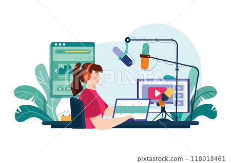 Woman editing podcast at the studio Illustration concept. Flat illustration isolated on white background 118018461
