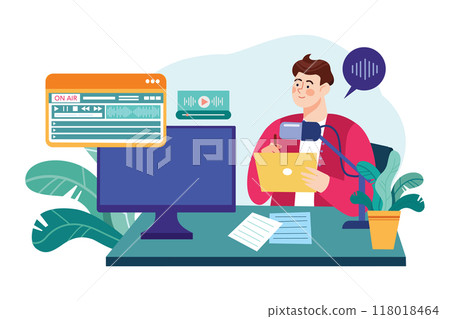 Podcast creator working on editing Illustration concept. Flat illustration isolated on white background Podcast creator working on editing Illustration concept. Flat illustration isolated on white background 118018464