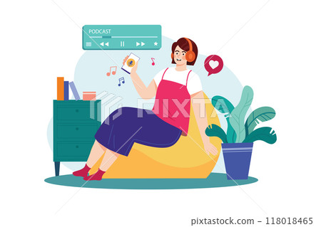 Woman listening to a podcast while sitting on a beanbag Illustration concept. Flat illustration isolated on white background Woman listening to a podcast while sitting on a beanbag Illustration concept. Flat illustration isolated on white background 118018465