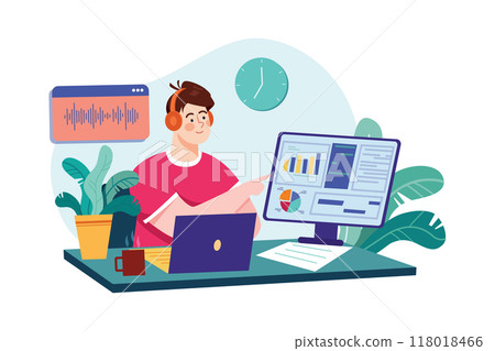 Man listening to the podcast while working Illustration concept. Flat illustration isolated on white background 118018466