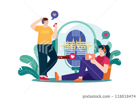 Couple listening to a romantic podcast Illustration concept. Flat illustration isolated on white background Couple listening to a romantic podcast Illustration concept. Flat illustration isolated on white background 118018474