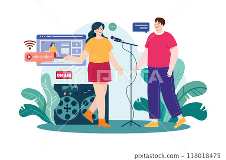 Couple with microphone works with a live recording Illustration concept. Flat illustration isolated on white background 118018475