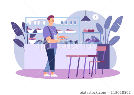 Boy collecting food from school food canteen Illustration concept on white background 118018502