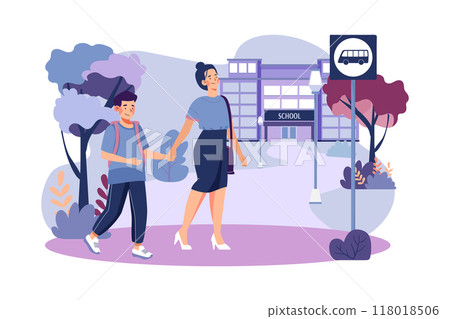 Mother walking son to drop to school Illustration concept on white background Mother walking son to drop to school Illustration concept on white background 118018506
