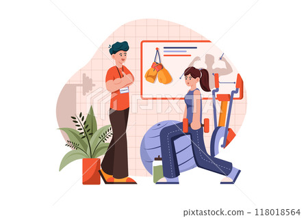 Fitness coucher training woman in gym Illustration concept on white background Fitness coucher training woman in gym Illustration concept on white background 118018564
