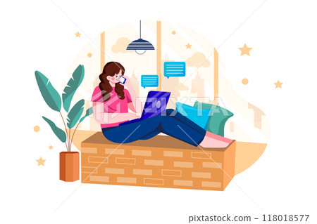 Freelancer lady talking on tablet white seating on window Illustration concept on white background Freelancer lady talking on tablet white seating on window Illustration concept on white background 118018577