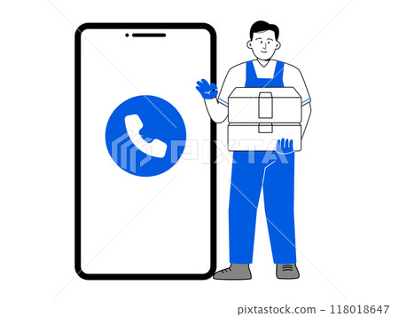 Delivery call center contact connect man postman shipment delivery service bring box blue black and white illustration Delivery call center contact connect man postman shipment delivery service bring box blue black and white illustration 118018647