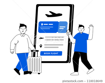 Traveler buy ticket online booking flight from smartphone large screen reservation flight black and white with blue illustration Traveler buy ticket online booking flight from smartphone large screen reservation flight black and white with blue illustration 118018649