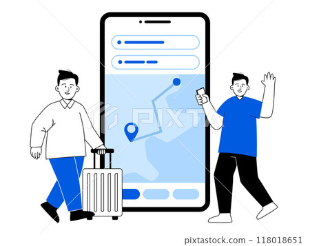 Map route direction mobile application guide navigation friends man travelling large smartphone screen black white blue illustration 118018651