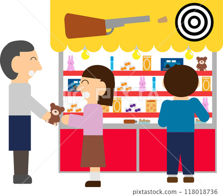 Illustration of a shooting gallery stall at a festival crowded with customers 118018736