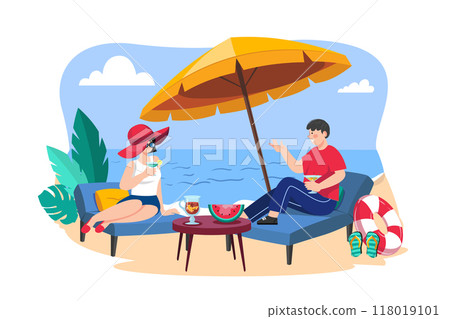 Man and woman lying on beach lounge and drinking cocktail 118019101