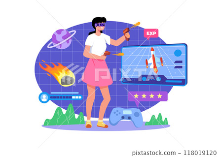 Girl playing a game in the metaverse Girl playing a game in the metaverse 118019120