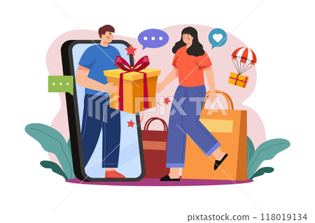 Women getting online gifts Illustration concept on white background Women getting online gifts Illustration concept on white background 118019134