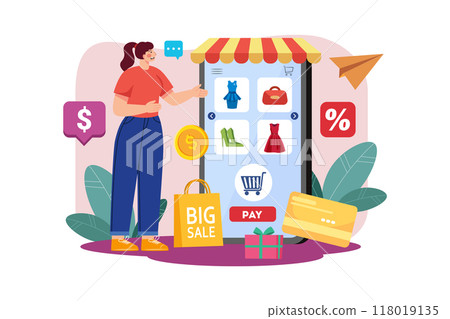 Online shopping application Illustration concept on white background Online shopping application Illustration concept on white background 118019135