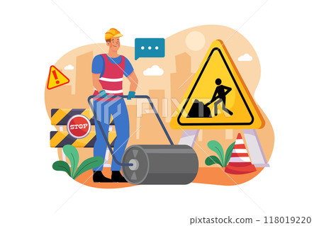 Worker using road roller makes paving on highway or street Worker using road roller makes paving on highway or street 118019220