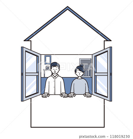 一對情侶把頭伸出房子窗外的插畫素材 118019230