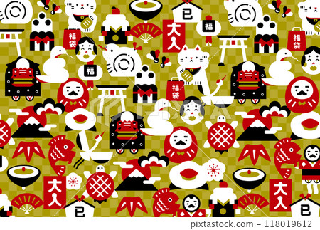 A cute Japanese-style pop New Year's card background with a lucky Japanese pattern for the year 2025, the year of the snake. Gold and gold-based landscape orientation A cute Japanese-style pop New Year's card background with a lucky Japanese pattern for the year 2025, the year of the snake. Gold and gold-based landscape orientation 118019612