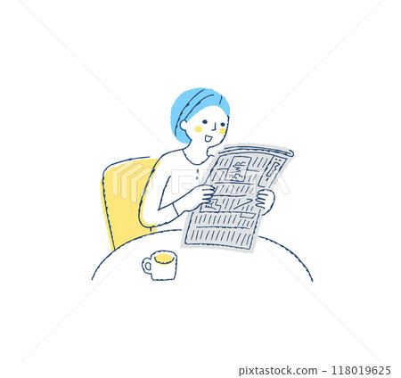 微笑的女人坐在桌邊看報紙 微笑的女人坐在桌邊看報紙 118019625