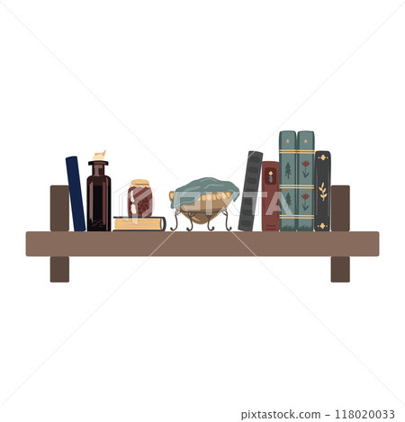 Old shelf with vintage books, tincture bottle and jam. Isolated design element for fairy and retro interiors 118020033