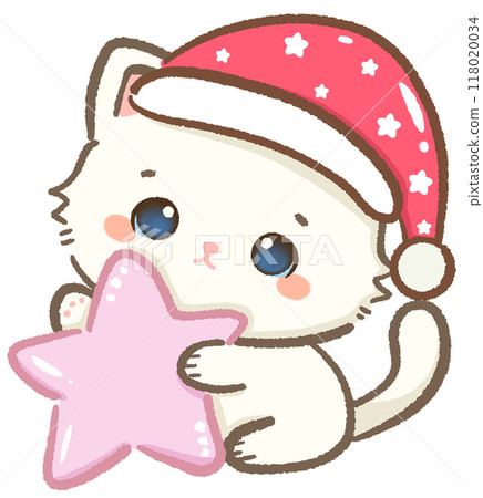 Kawaii Illustration doodle pink Christmas for greeting card, invitation, party  Hand drawn cute white cat wearing a santa hat and holding big pink star 118020034