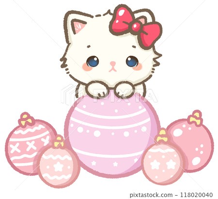 Kawaii Illustration doodle pink Christmas for greeting card, invitation, party Hand drawn cute white cat behind christmas decorations Kawaii Illustration doodle pink Christmas for greeting card, invitation, party Hand drawn cute white cat behind christmas decorations 118020040