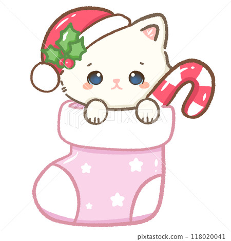 Kawaii Illustration doodle pink Christmas for greeting card, invitation, party  Hand drawn cute white cat wearing a holly branch Christmas hat inside a pink stocking with a candycane 118020041