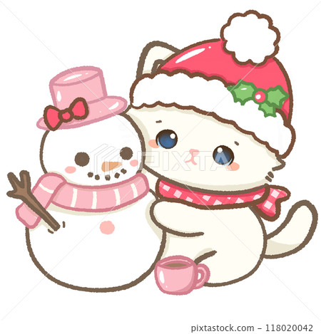 Kawaii Illustration doodle pink Christmas for greeting card, invitation, party  Hand drawn cute white cat wearing Christmas hat  making a snowman wearing a pink top hat  118020042