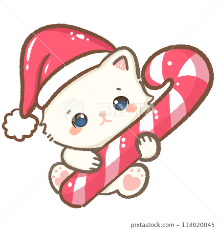 Kawaii Illustration doodle pink Christmas for greeting card, invitation, party  Hand drawn cute white cat wearing a Christmas hat holding a giant Candy cane 118020045