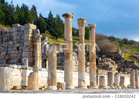 Remains of State Agora colonnade on background of Odeon in Ephesus 118020242