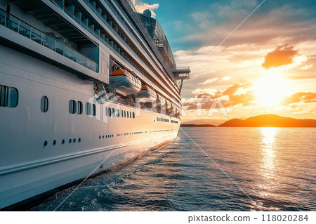 A large luxury cruise ship sailing on the ocean at sunset A large luxury cruise ship sailing on the ocean at sunset 118020284