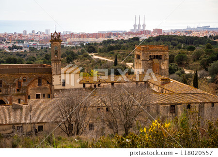 Monastery of San Jeronimo de la Murtra on background of Sant Adria de Besos, Spain Monastery of San Jeronimo de la Murtra on background of Sant Adria de Besos, Spain 118020557