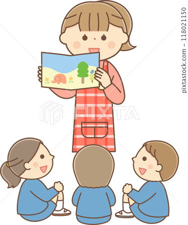 女保育員和孩子們大聲朗讀繪本 女保育員和孩子們大聲朗讀繪本 118021150