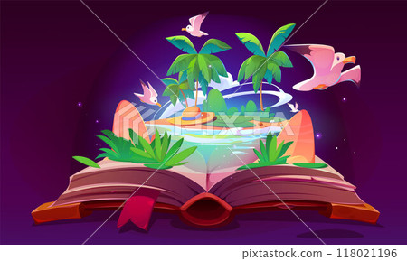 Open magic book with fairytale scene on paper page 118021196