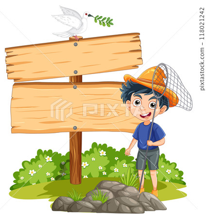 Boy with Net and Wooden Sign Boy with Net and Wooden Sign 118021242