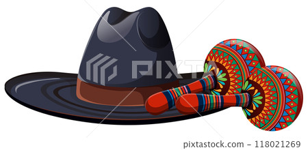 Traditional Mexican Hat and Maracas 118021269