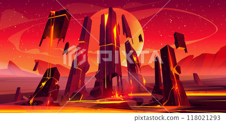 Red alien planet with rock and flowing lava. Red alien planet with rock and flowing lava. 118021293