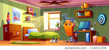 Boy teenage room interior. Teen bedroom cartoon Boy teenage room interior. Teen bedroom cartoon 118021298
