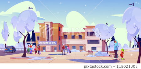 School building with yard and fence in winter 118021305