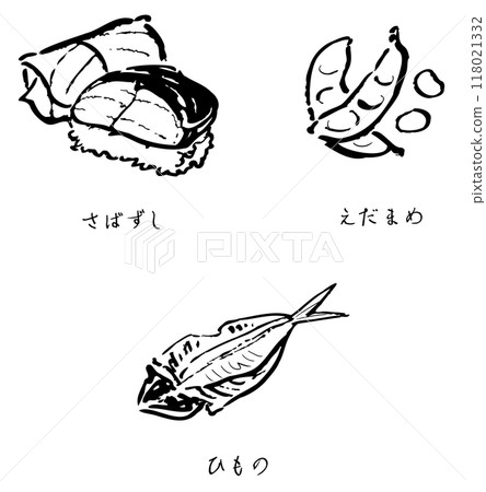 Japanese food set - mackerel sushi, edamame, dried fish 118021332