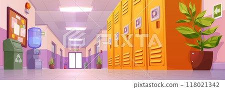 School corridor interior with locker in building School corridor interior with locker in building 118021342