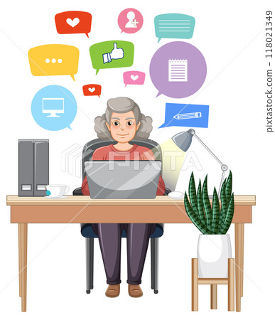 Senior Woman Using Laptop at Desk Senior Woman Using Laptop at Desk 118021349