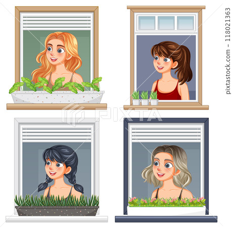 Women at Windows with Plants 118021363