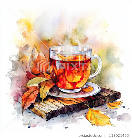 Enjoy a warm cup of tea infused with the essence of autumn, complete with vibrant leaves and a rustic wooden base. The steam rises, inviting you to savor the moment. 118021463